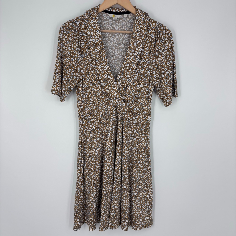 Boden Fixed Wrap Jersey Dress Womens 8R Brown Floral Short Sleeve